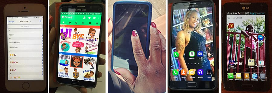 Photos of several mobile phones, showing the home screens.