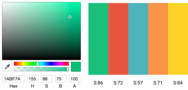 An image of a color picker and an image of the five shades of Simply Secure's color palette.
