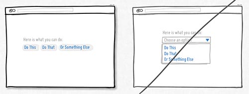 Image showing one wireframe with a set of buttons representing options, and another with a drop-down menu of options.
