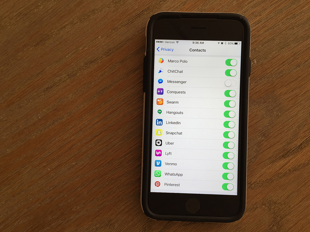 Summary: iPhone privacy setting showing contact sharing denied for Messenger but granted for all others.